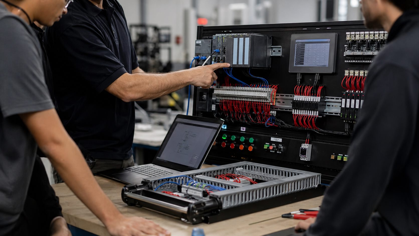 Treinamento técnico em automação industrial com quadro de controle